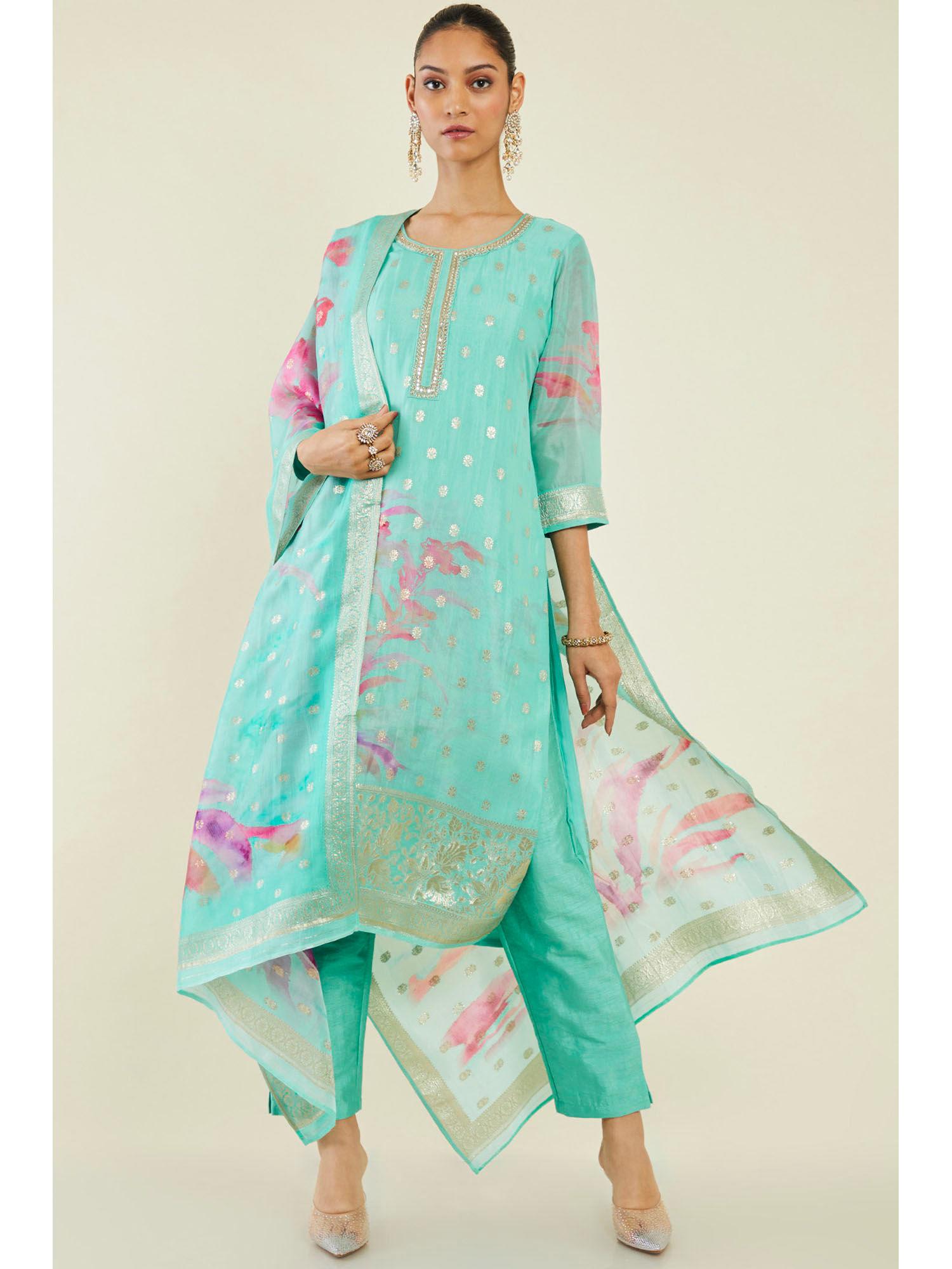 women turquoise silk printed suit (set of 3)