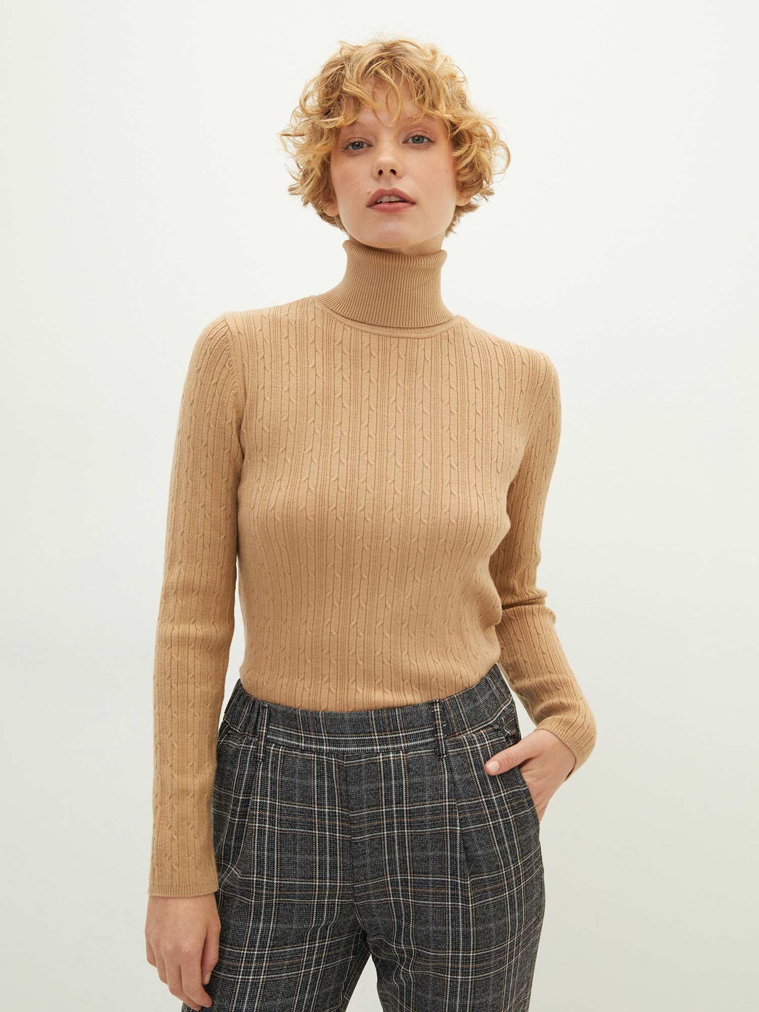 women turtle neck knitwear beige sweater