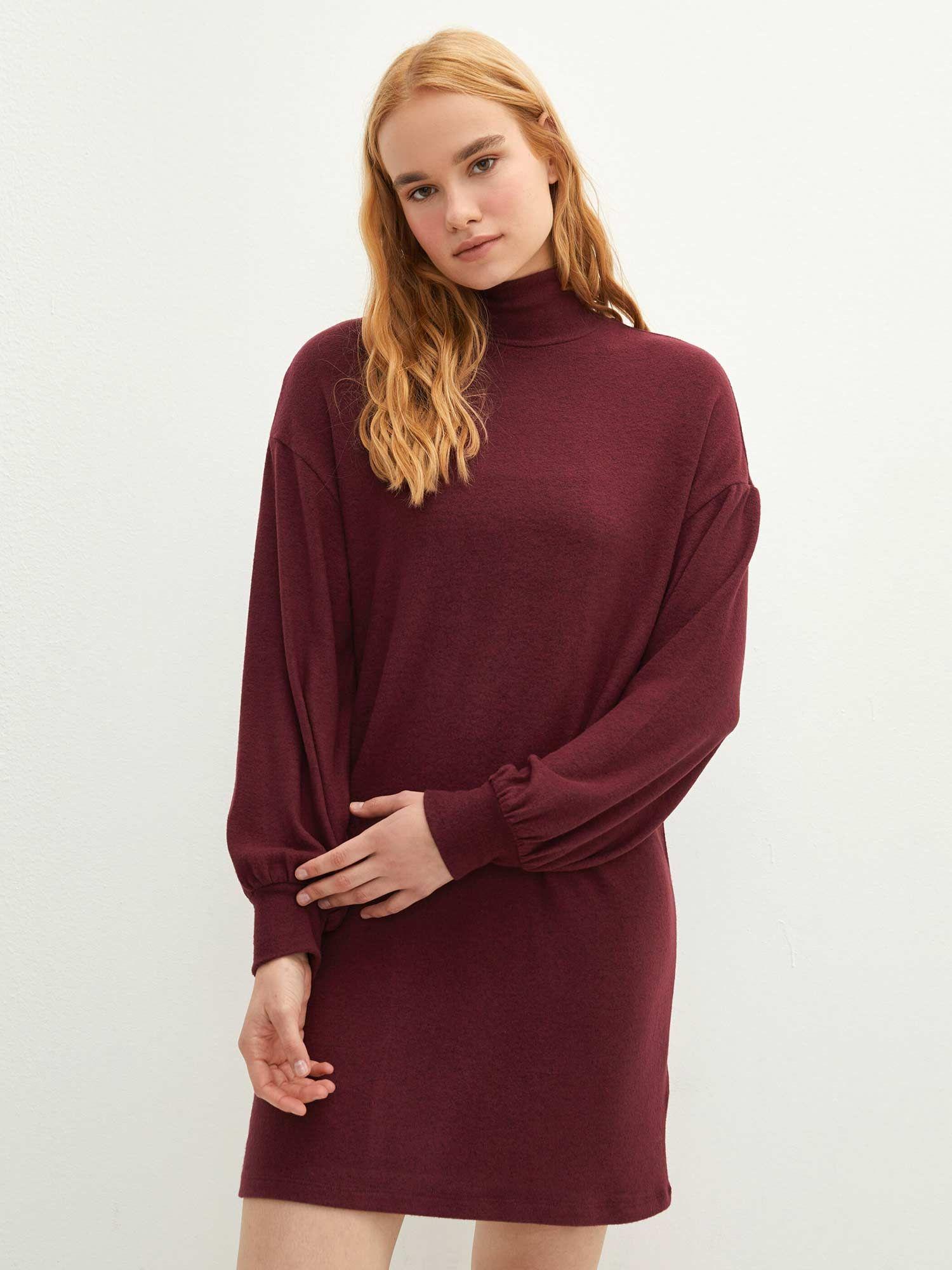 women turtle neck straight maroon dress