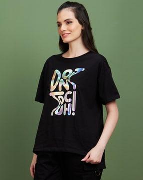 women typographic print boxy fit crew-neck t-shirt