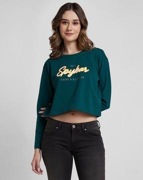 women typographic print boxy fit crop sweatshirt