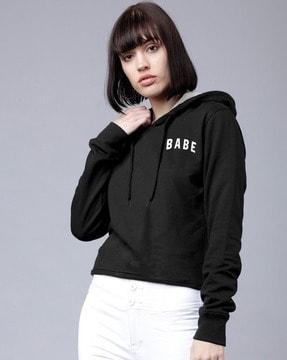 women typographic print hoodie with drawstring