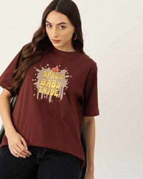 women typographic print loose fit crew-neck t-shirt