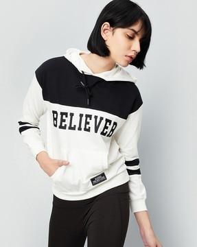 women typographic print loose fit hooded sweatshirt