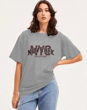 women typographic print loose fit round-neck t-shirt