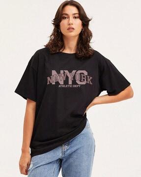 women typographic print loose fit round-neck t-shirt