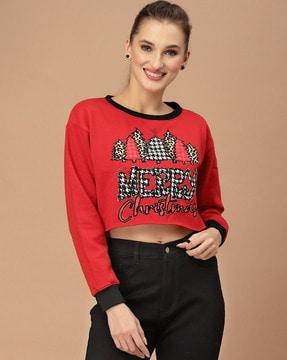 women typographic print regular fit crop sweatshirt