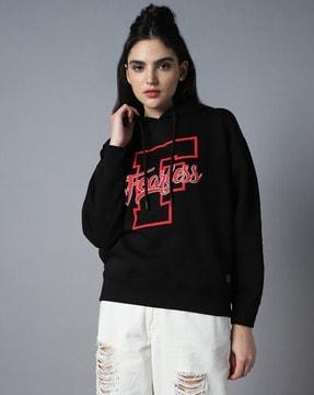 women typographic print regular fit hoodie with drawstrings