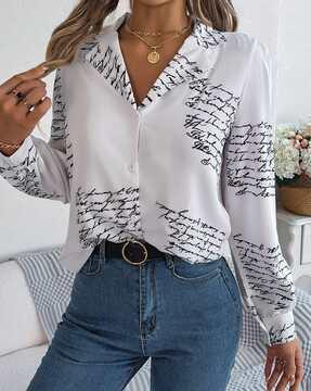 women typographic print regular fit shirt with full sleeves