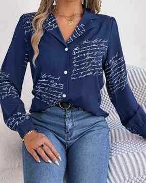 women typographic print regular fit shirt with full sleeves