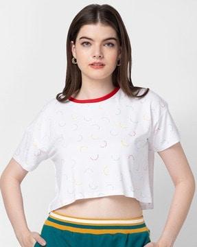 women typographic print relaxed fit crew-neck crop t-shirt