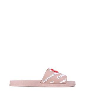 women typographic print round-toe slides