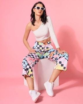 women typographic print straight fit flat-front trousers