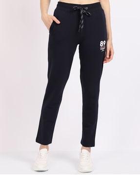 women typographic print straight track pants with drawstring waist