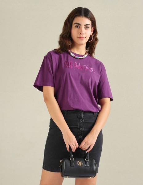 women typography crew neck pure cotton purple t-shirt