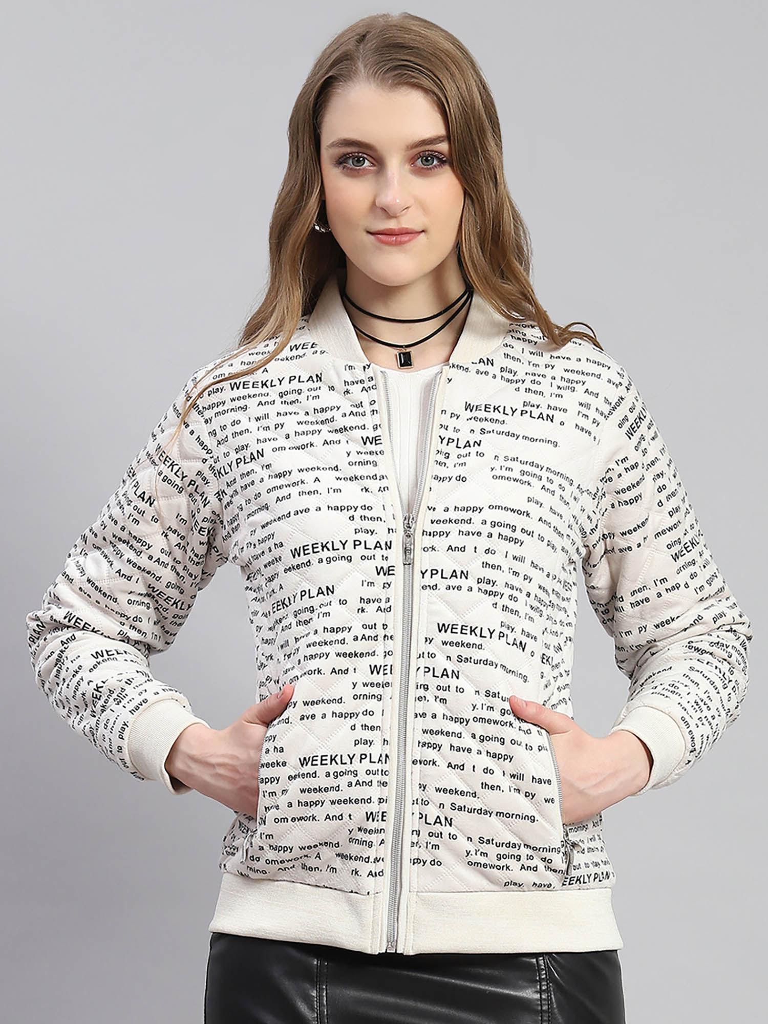 women typography full sleeves mandarin neck off white puffer jacket