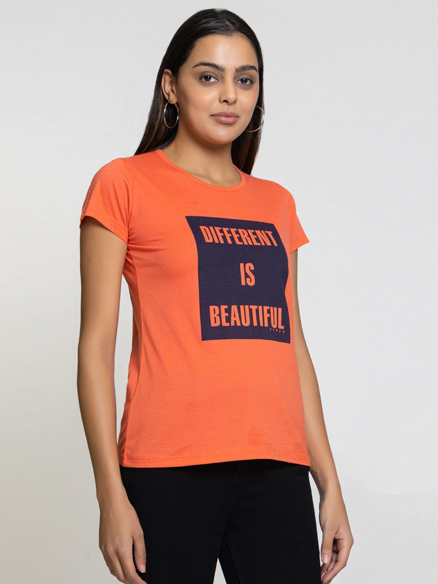 women typography printed cotton orange t-shirt