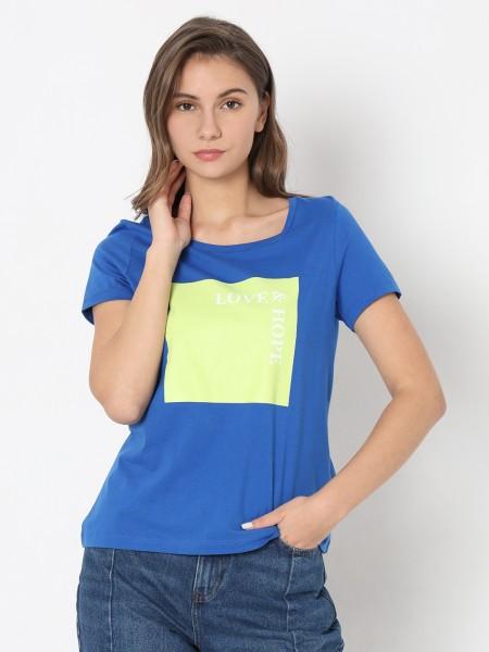 women typography round neck cotton blend blue t-shirt