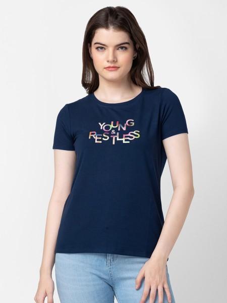 women typography round neck cotton blend blue t-shirt