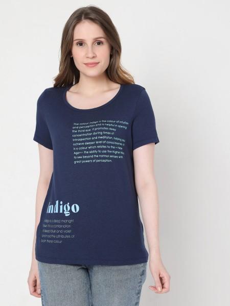 women typography round neck cotton blend dark blue t-shirt