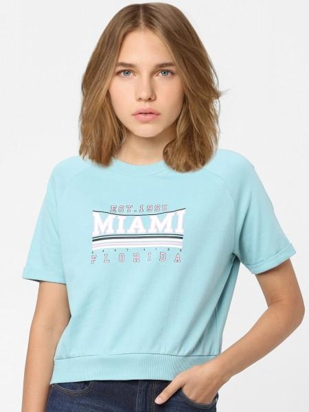 women typography round neck cotton blend light blue t-shirt