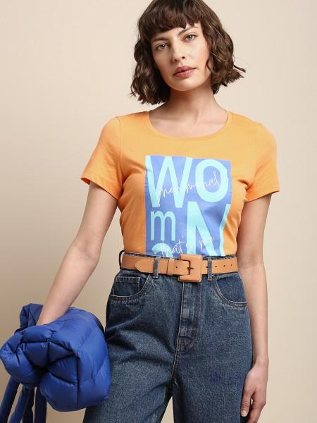 women typography round neck cotton blend orange t-shirt