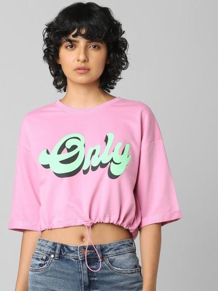 women typography round neck cotton blend pink t-shirt