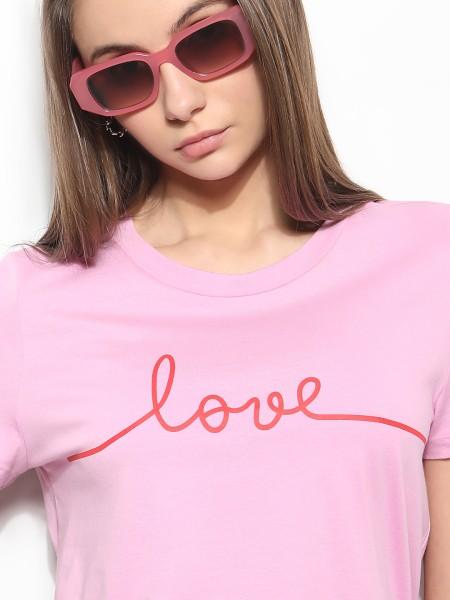 women typography round neck cotton blend pink t-shirt