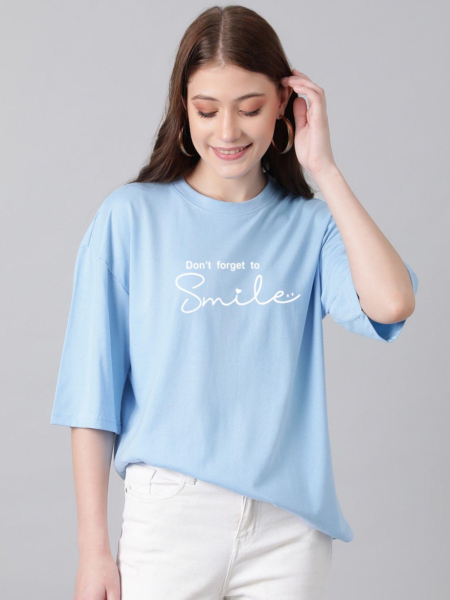 women typography round neck cotton blend three fourth sleeve t-shirt-blue