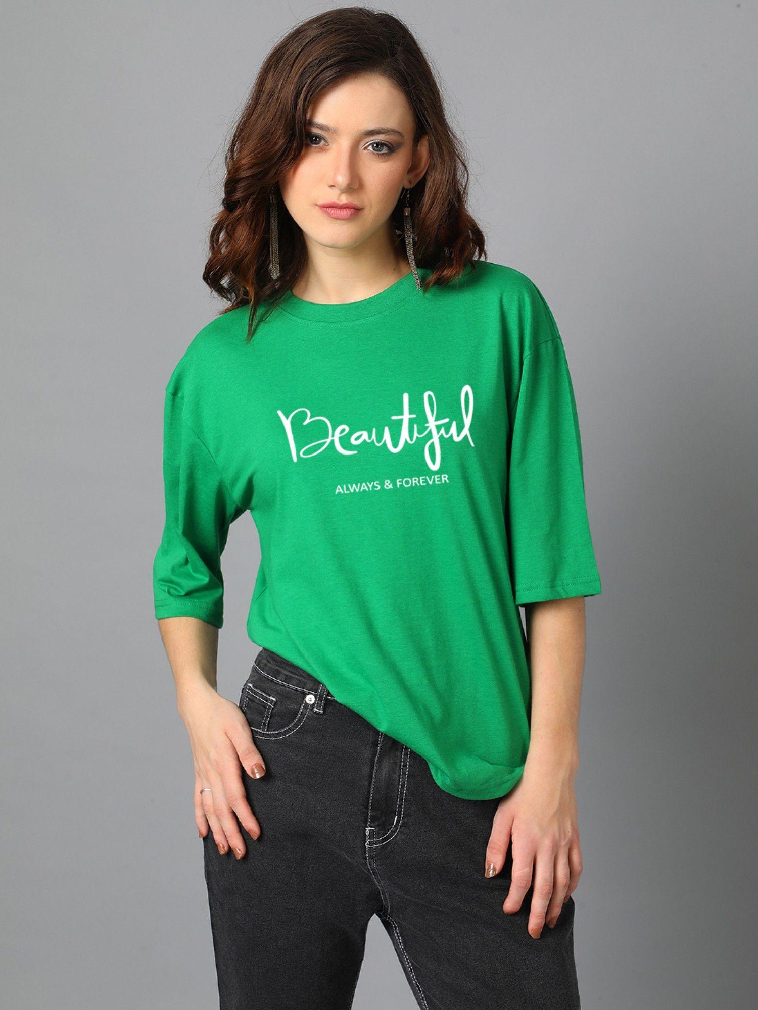 women typography round neck cotton blend three fourth sleeve t-shirt-green