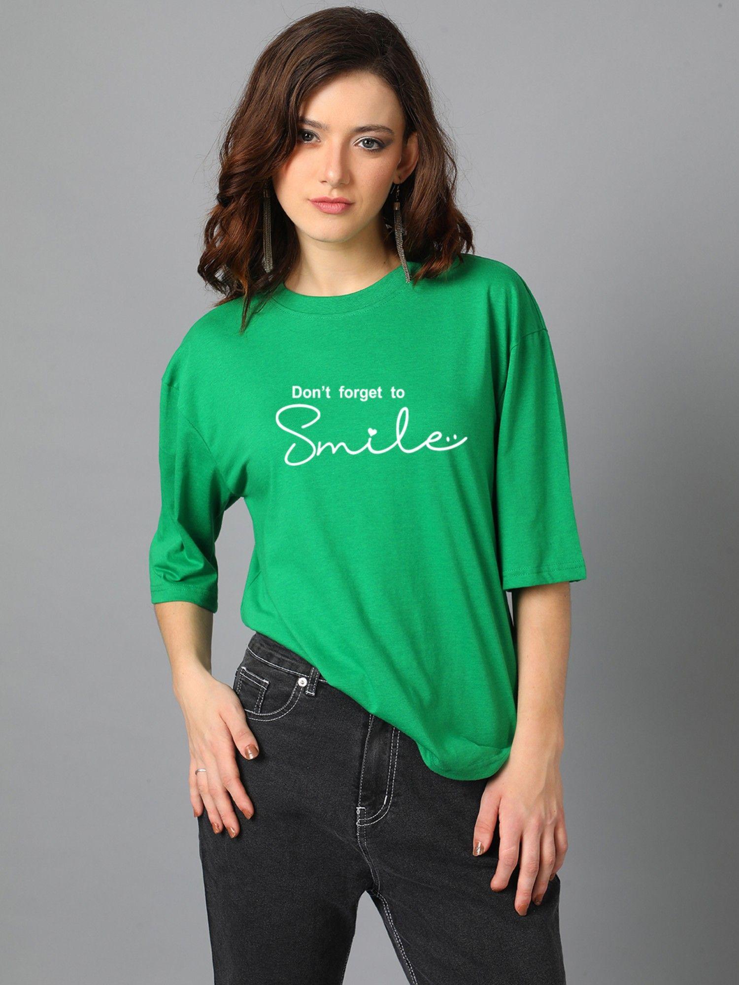 women typography round neck cotton blend three fourth sleeve t-shirt-green