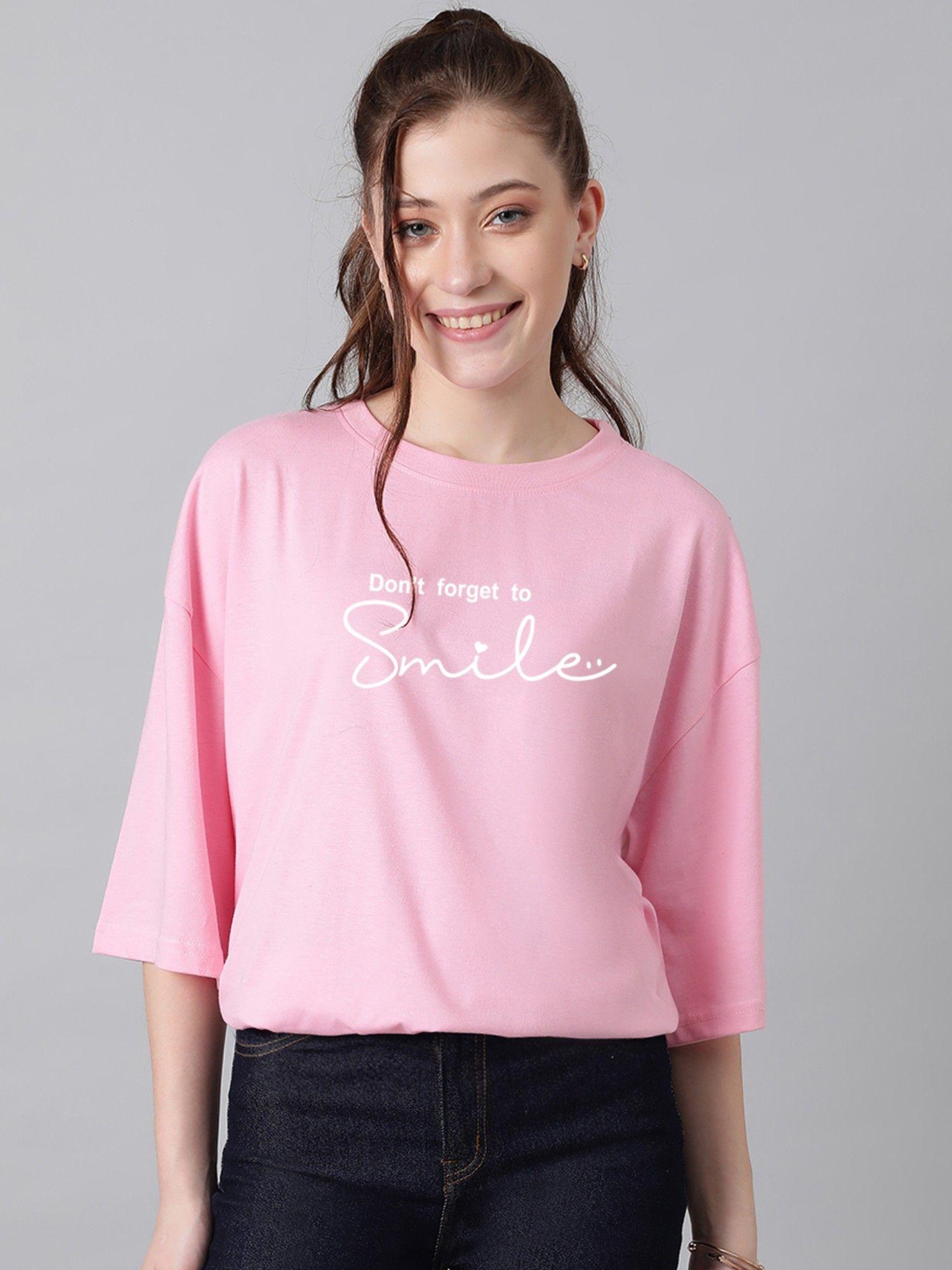 women typography round neck cotton blend three fourth sleeve t-shirt-pink