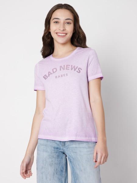 women typography round neck polyester purple t-shirt