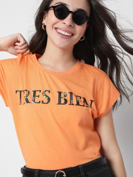 women typography round neck pure cotton orange t-shirt