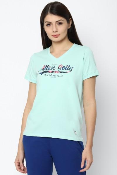 women typography v neck cotton blend blue t-shirt