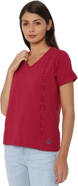 women typography v neck cotton blend maroon t-shirt