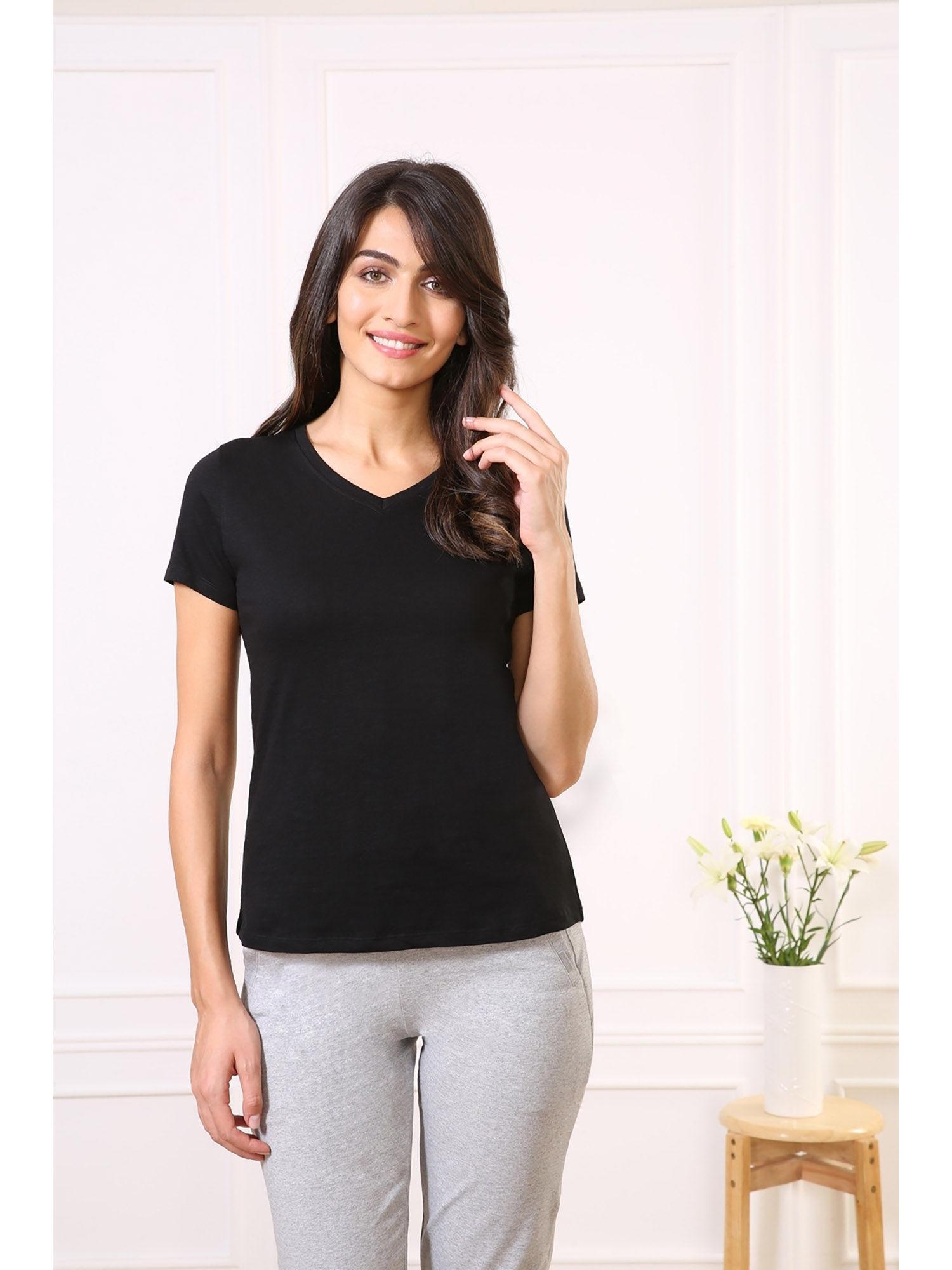 women v-neck & short sleeve lounge t-shirt - black