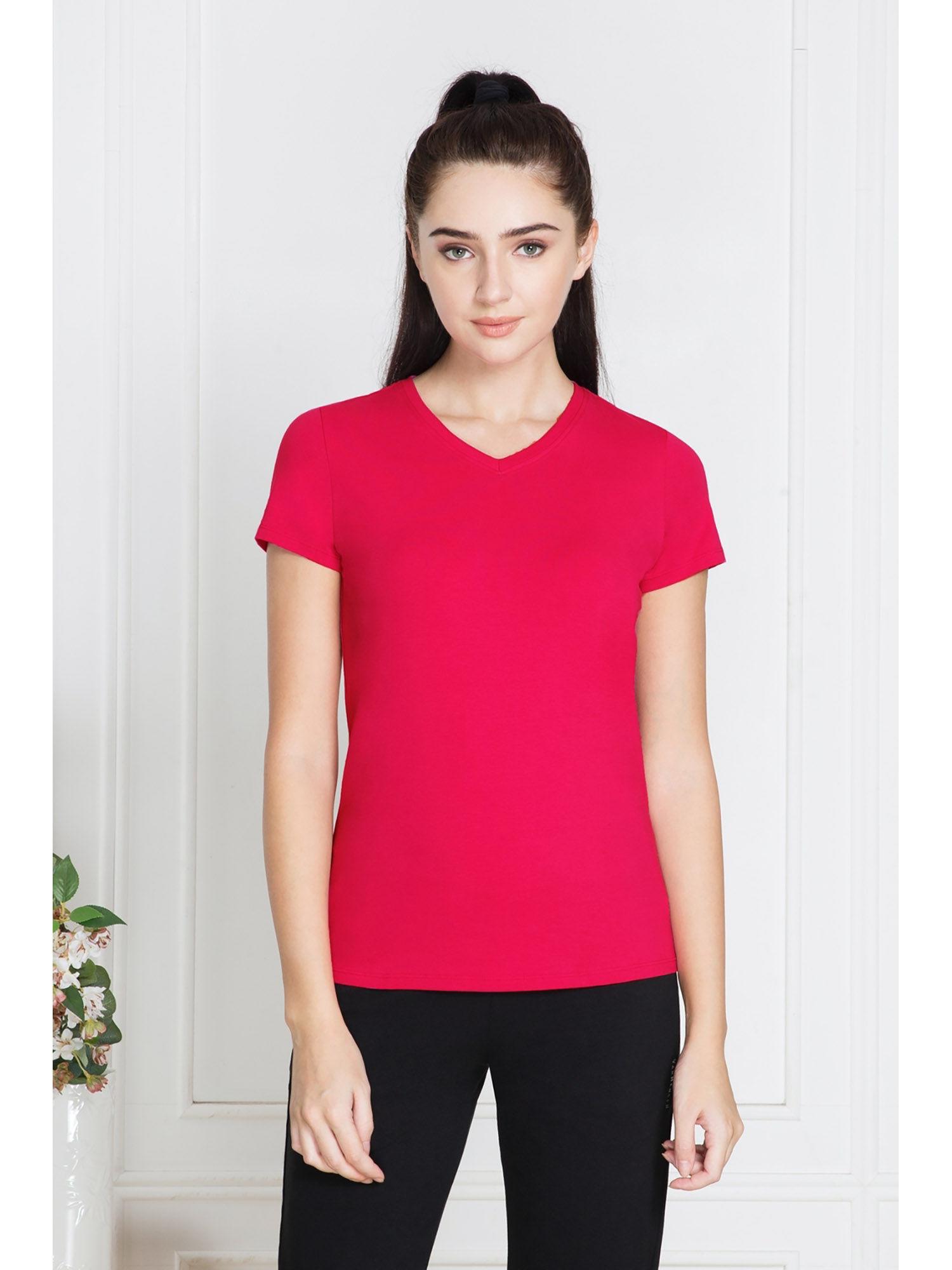 women v-neck & short sleeve lounge t-shirt - cherry red