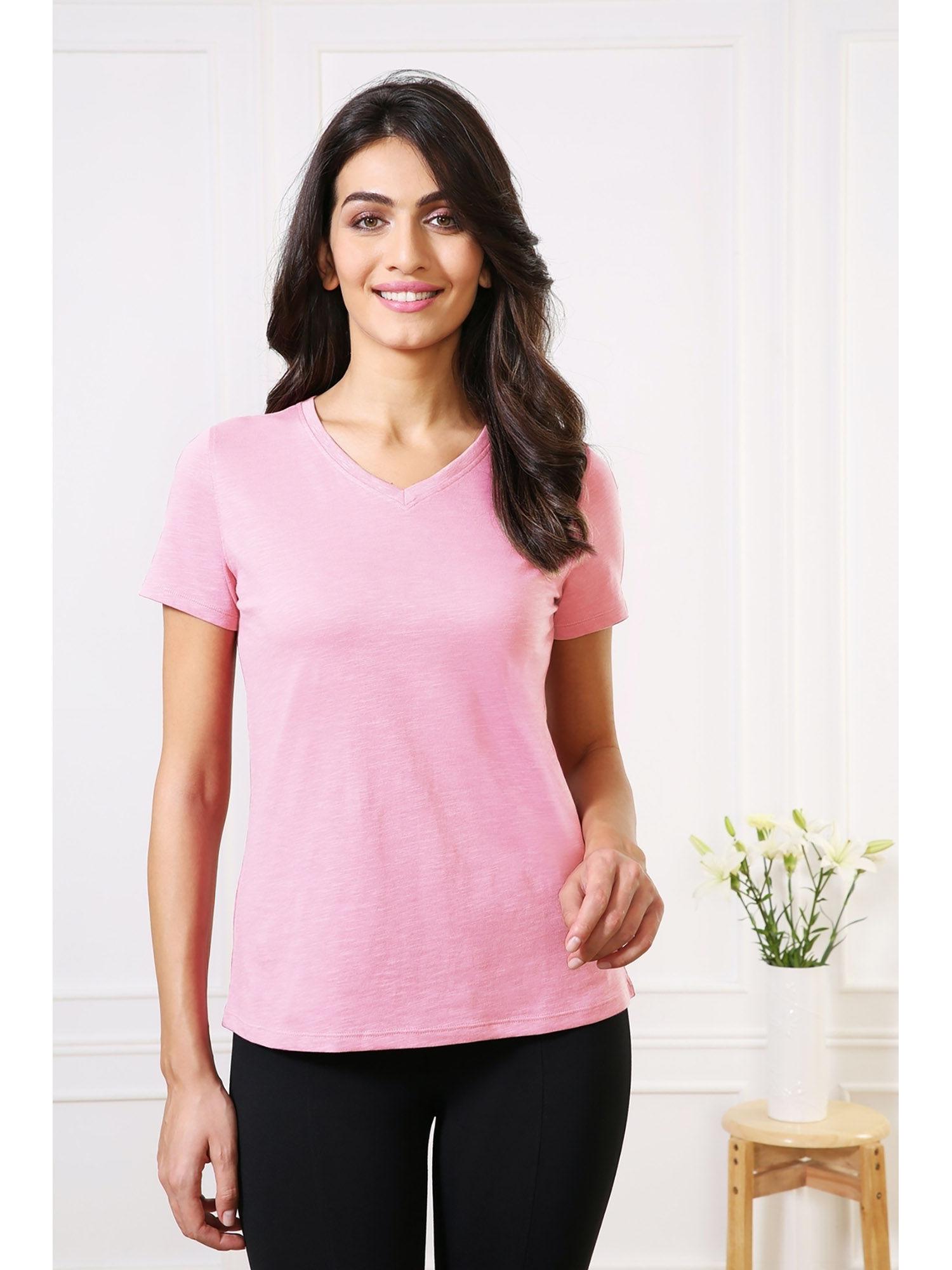 women v-neck & short sleeve lounge t-shirt - light pink melange