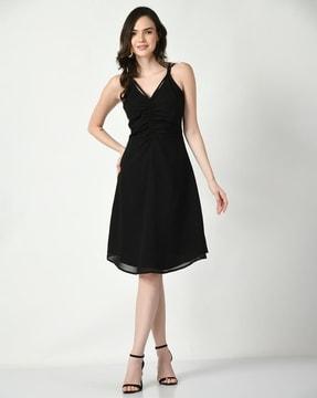 women v-neck a-line dress with ruched detail