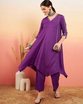 women v-neck a-line kurta & pants set