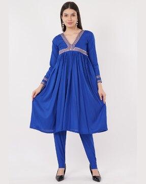 women v-neck anarkali kurta & pants set