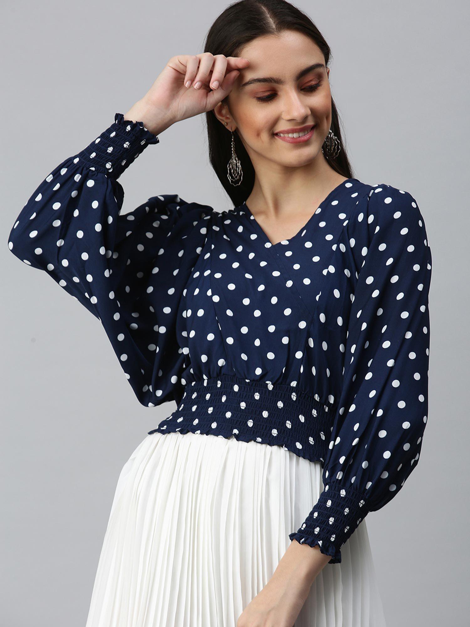 women v-neck balloon sleeve polka dots navy blue top