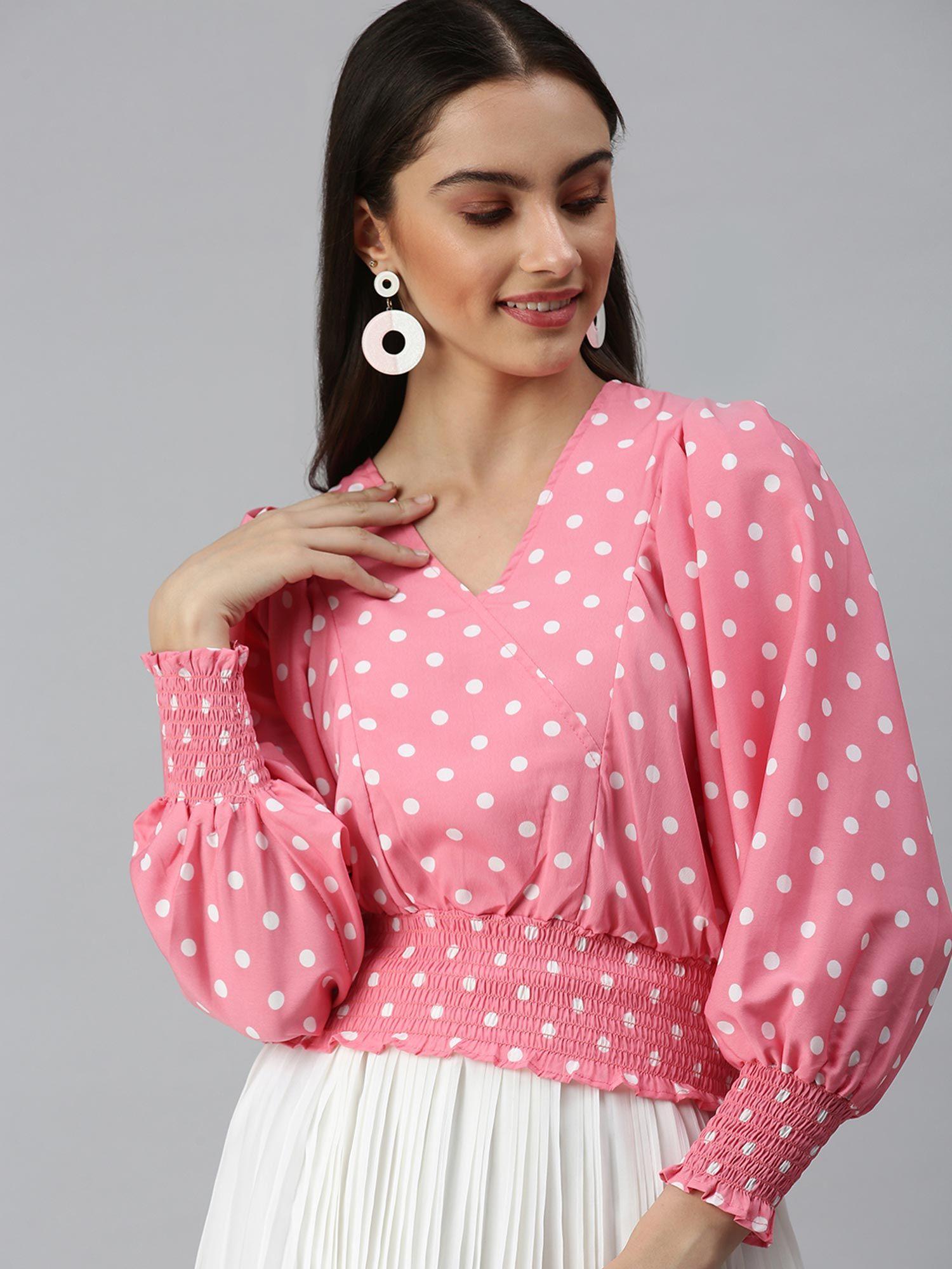 women v-neck balloon sleeve polka dots pink top