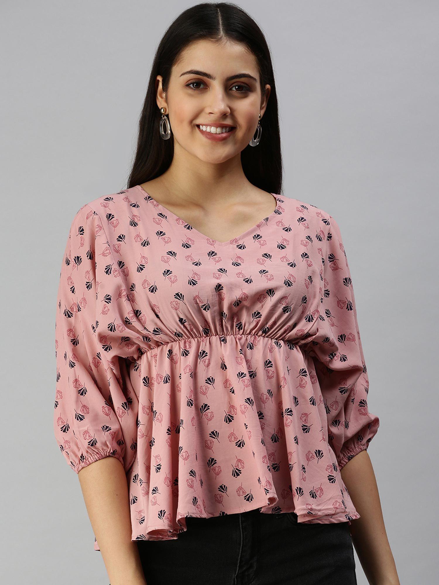 women v-neck balloon sleeves floral mauve top