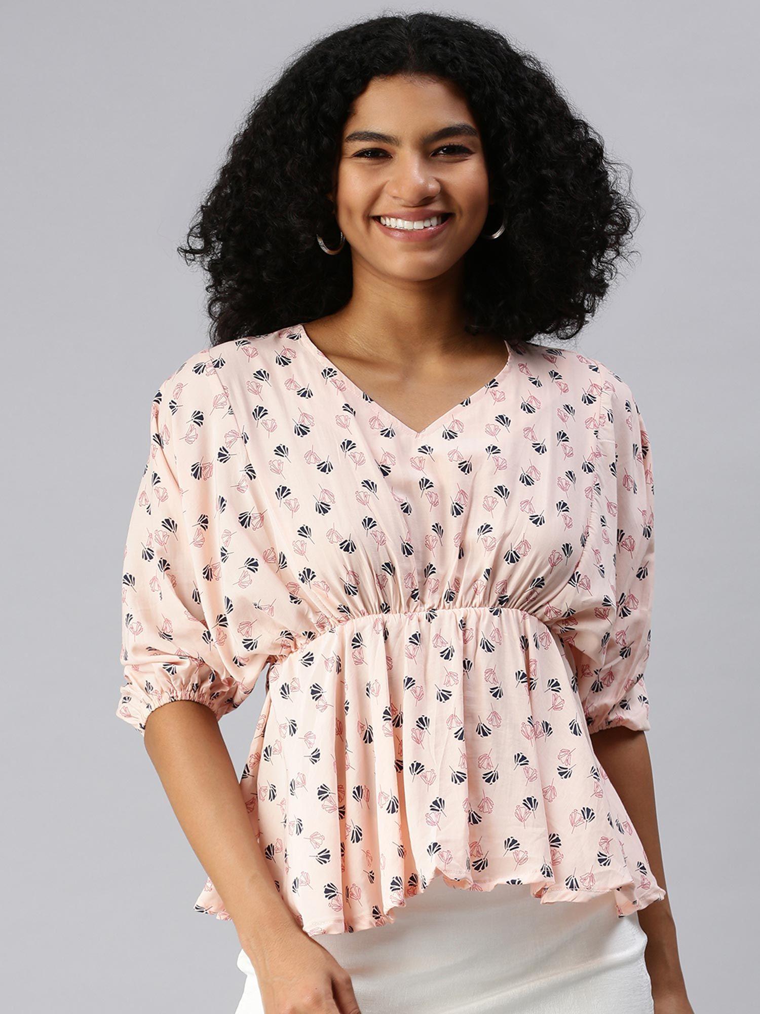 women v-neck balloon sleeves floral peach top