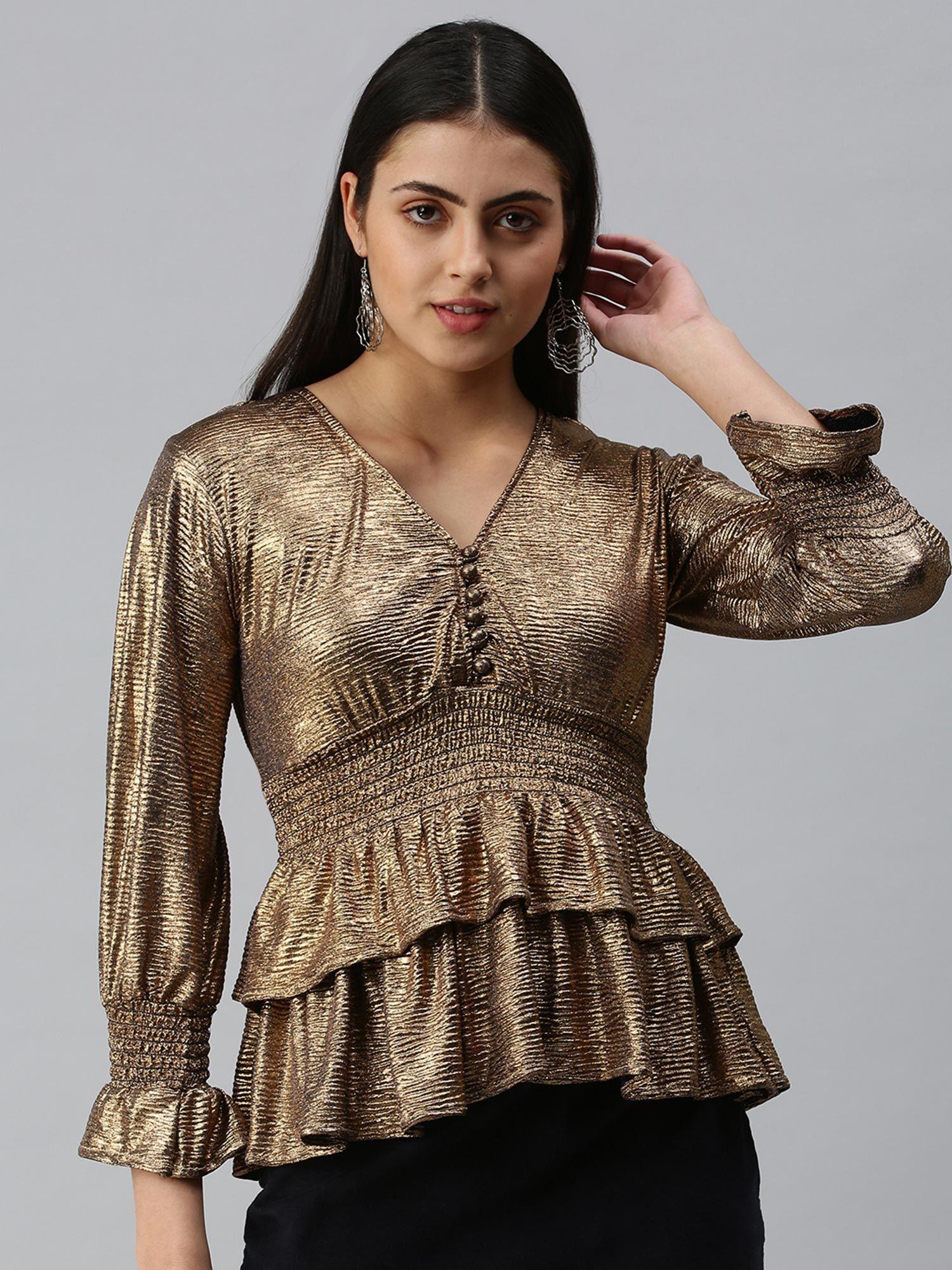 women v-neck bell sleeves self design bronze top