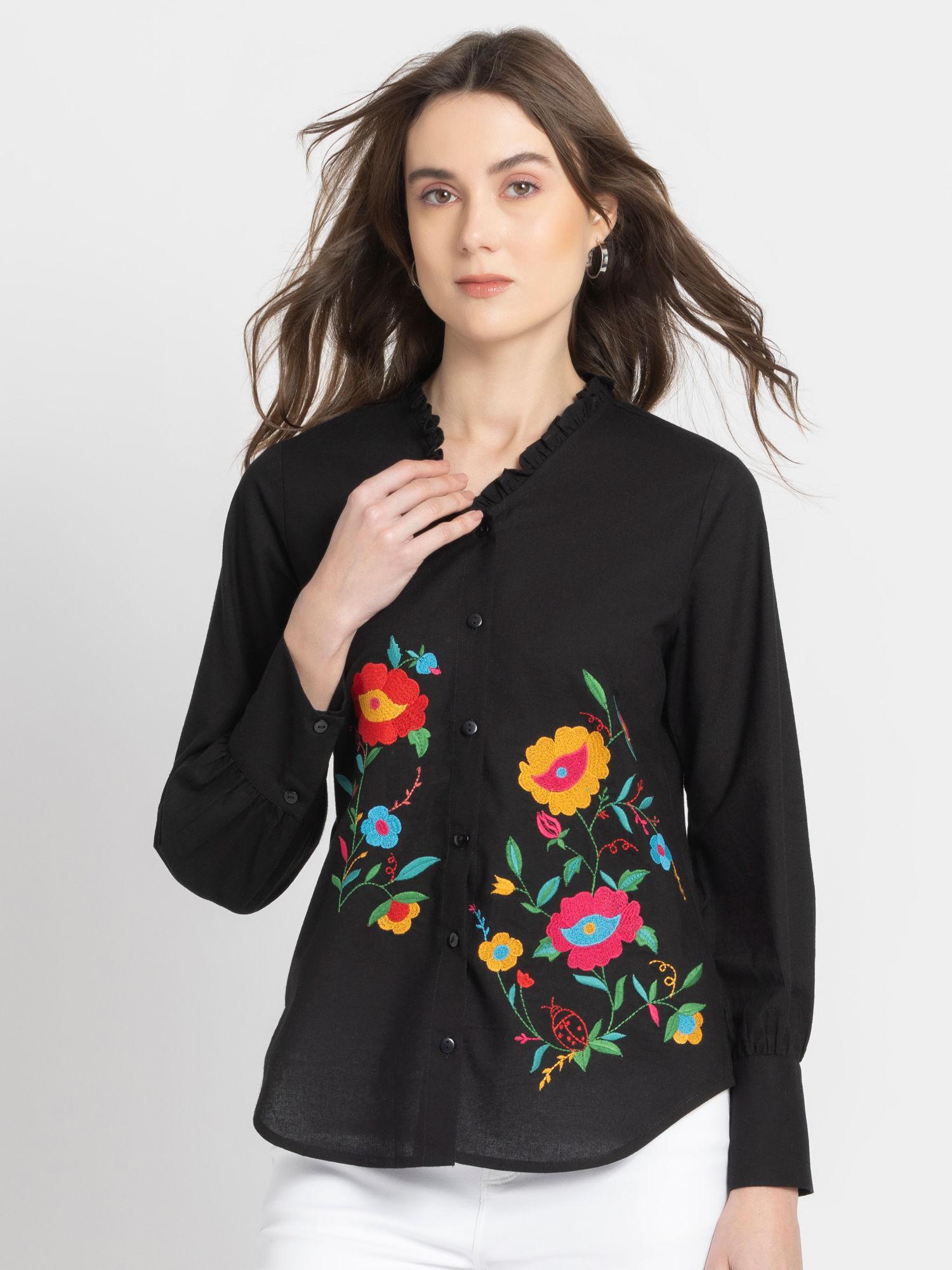 women v-neck black embroidered long sleeves casual shirt