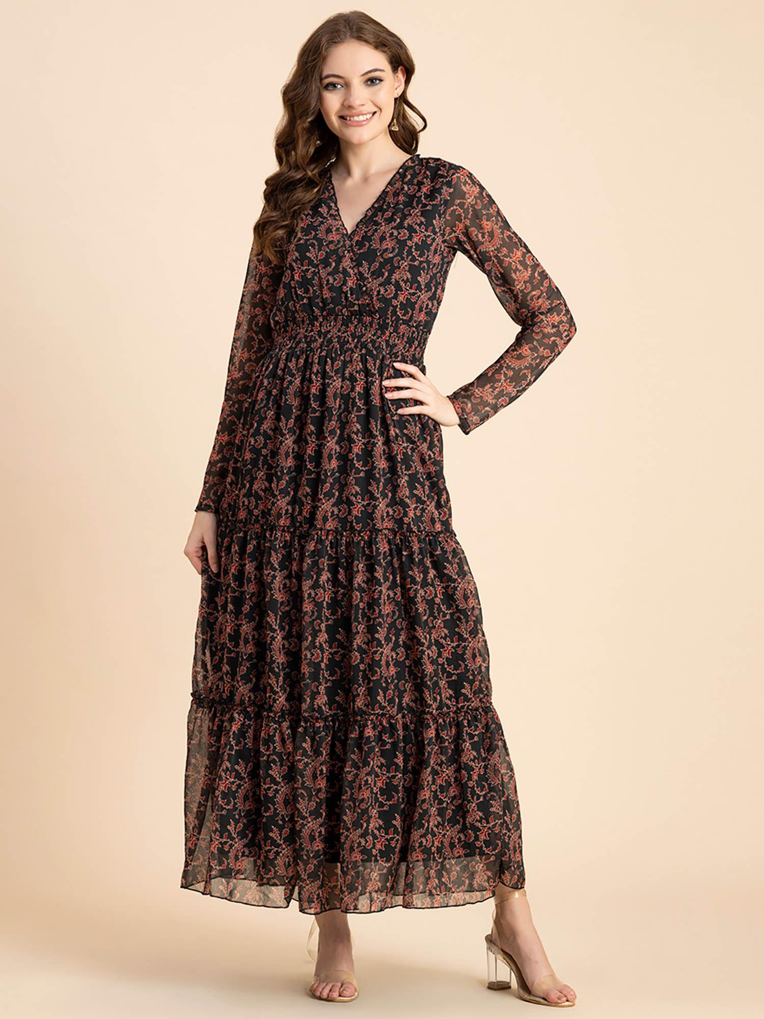 women v-neck black floral printed maxi dress