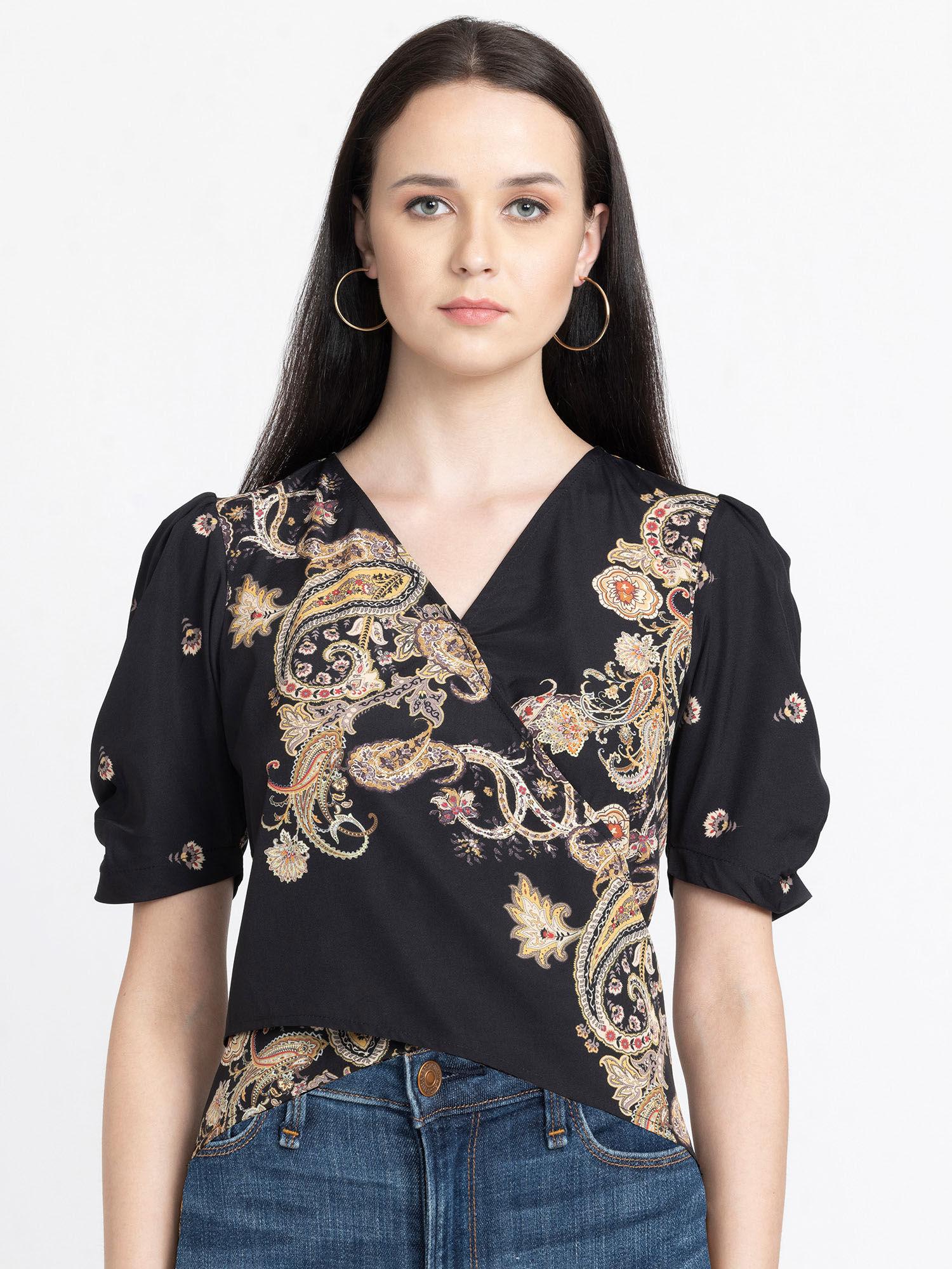 women v-neck black printed short sleeves party top